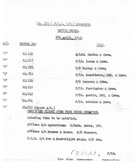 Battle Order for 214 Squadron 8 April 1945