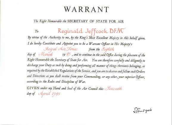 Warrant from Secretary of State for Air 1945